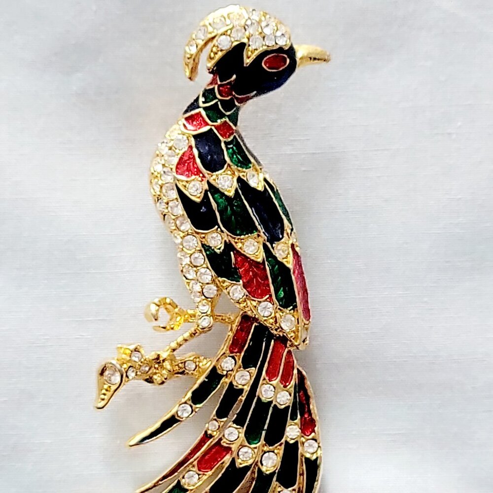 Vintage 1980s Peacock Bird Brooch Gold Tone Enamel Rhinestone Statement Pin